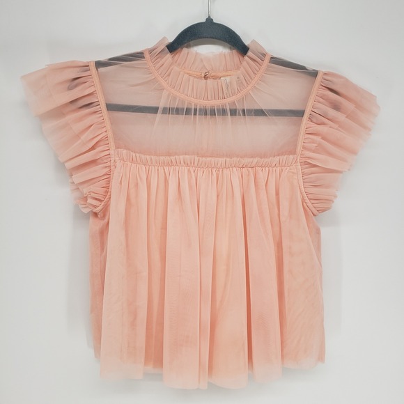 Joie Tops - Joie Ruffle Tulle Mesh Blouse Women Medium Peach Pink Sheer Pleated Flutter Top